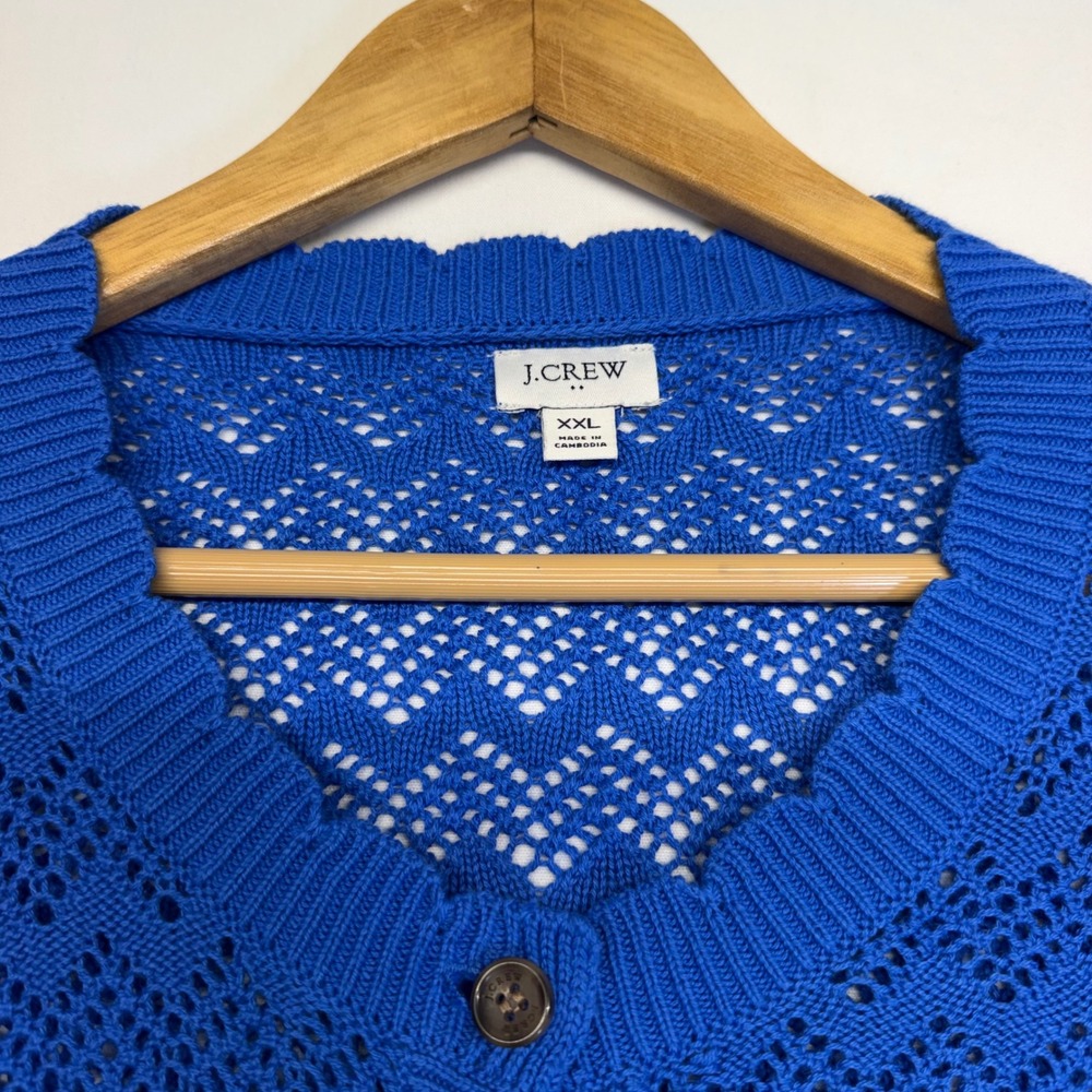 J.Crew XXL Blue Pointelle Cardigan Sweater 100% Cotton Scalloped Button Front - Picture 3 of 8